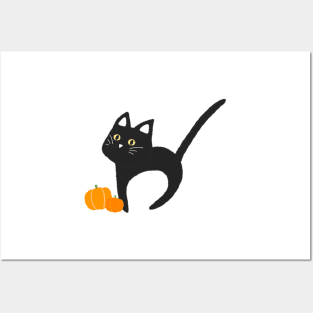 Halloween Black Cat with Pumpkin Cute Simple Aesthetic Art Logo Posters and Art